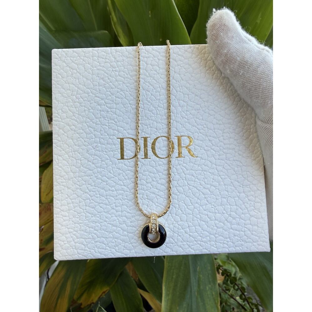 Christian Dior Circle Rhinestone Gold Tone Pendant Necklace Authentic